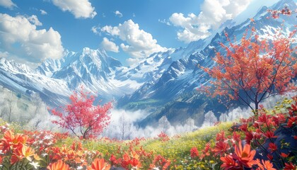 Spring Blossoms in the Mountains, Vibrant flowers blooming amidst snow-capped peaks, symbolizing renewal and the transition from winter to spring