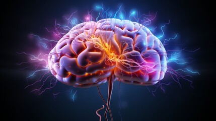 Electrifying art of a fully lit brain showcasing a high - energy depiction of cognitive functions - obrazy, fototapety, plakaty