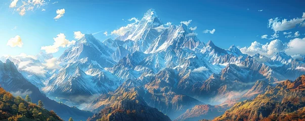 Photo sur Plexiglas Everest Majestic Mountain Peaks, Capture the awe-inspiring beauty of towering mountains against a clear blue sky, perfect for conveying a sense of grandeur and adventure
