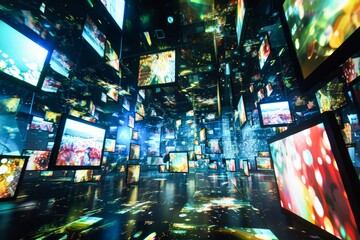 Surreal Tunnel of Multiple Screens Showcasing Diverse Visual Content