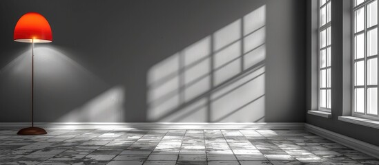 A room adorned with a grey lamp fixture and wooden flooring, casting shadows from the window. Tints and shades create a monochrome photography effect