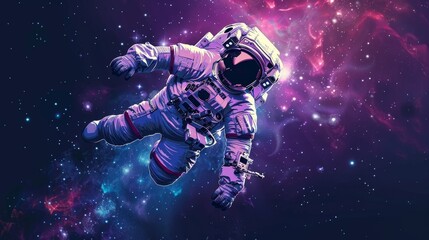 Fototapeta premium Vintage styled graphic with Astronaut wearing spacesuit floating in galactic void.