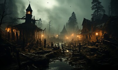 Fototapeta na wymiar Creepy Village With Clock Tower at Night