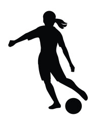Fototapeta na wymiar Black silhouette of playing women's football child girl dribbling the ball on the field and going to kick a ball