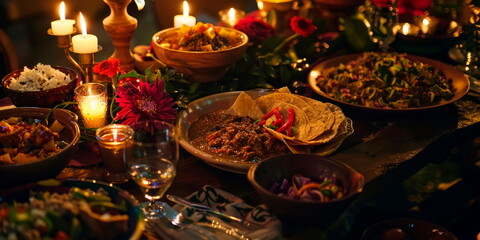 Naklejka premium festive Mexican fiesta table adorned with dishes like pozole, mole, and chiles en nogada.