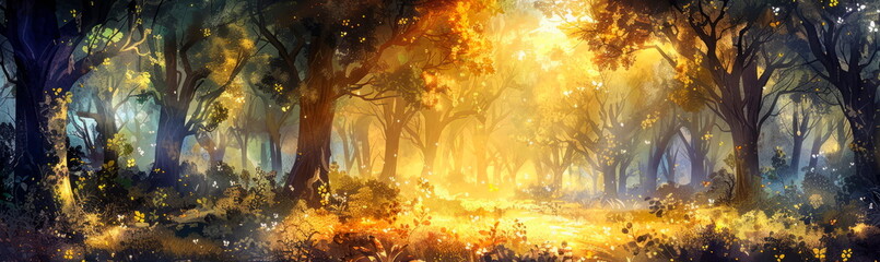 Obraz na płótnie Canvas mystical forest glade with shafts of golden sunlight filtering through the trees, painted in enchanting watercolor hues.