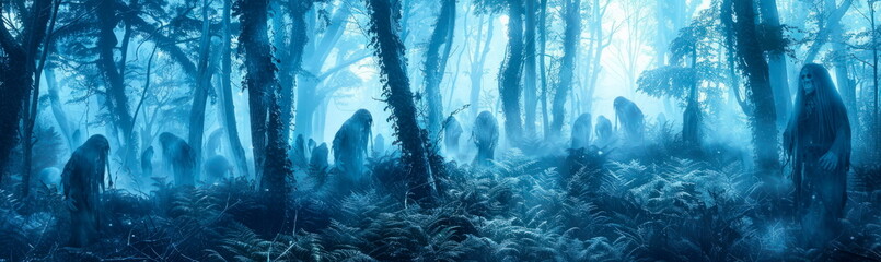 a haunted forest with eerie fog and ghostly figures, - obrazy, fototapety, plakaty