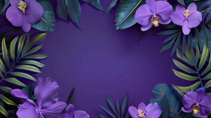 A stunning image showcasing a beautiful arrangement of purple orchids with green leaves against a...