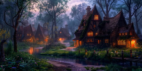 Abstract painting mystical villages shrouded in mystery and wonder - obrazy, fototapety, plakaty