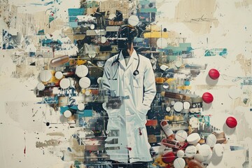A collage of a doctor and a large number of medicines on an abstract background. A collage of contemporary art.