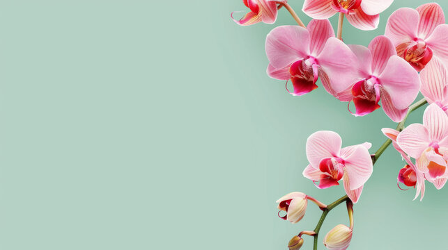 A soft and inviting image featuring delicate pink orchids on a soothing pastel green background