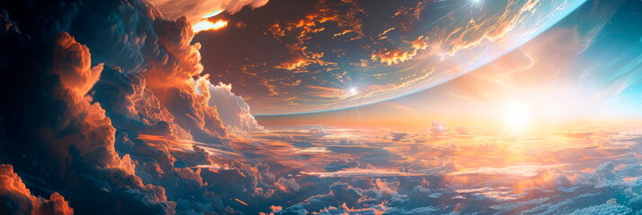 dynamic clouds from the atmosphere, the beauty of the sunrise over the earth, the science of meteorology and climate research. - obrazy, fototapety, plakaty
