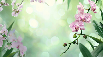 Radiant orchids with a sparkling bokeh effect on a lush green background creating a magical visual