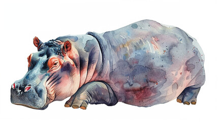 Hippopotamus in watercolour Isolated on white background.