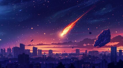  Falling meteorite over night city