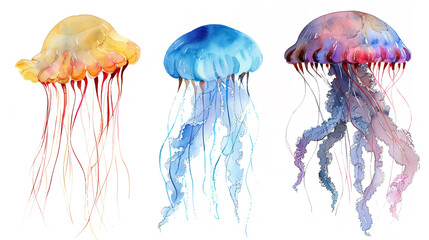 Jellyfish in watercolour Isolated on white background.