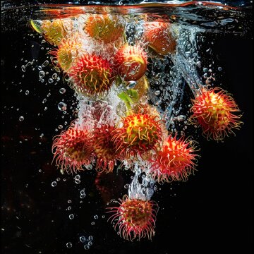 ew fresh rambutan fruits fall into the water, with splashes of transparent and bright red colors against a black background