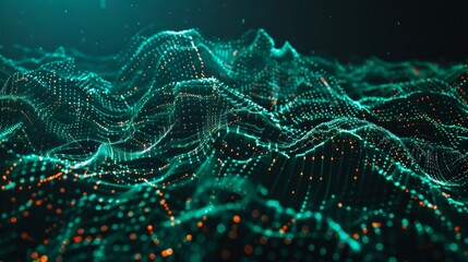 complex data visualization, flowing wave-like lines with dots representing charts and graphs against a dark teal background with glowing orange highlights