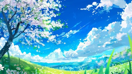Beautiful anime background, with a blue sky and white clouds, a green grassland with cherry blossom trees in the distance, bright colors