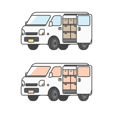 物流シリーズ：スライドドア内に荷物を積んだ、日本の軽自動車、軽バン・軽貨物バンのイラスト(カラー&単色モノカラーのセット)