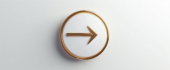 Logo arrow button on white background with gold edging and soft shadows. 3d rendering ,arrow thick circle right made by a shiny metallic sculpture on a wall with light background.  - obrazy, fototapety, plakaty