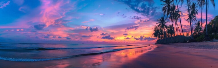 Naklejka na ściany i meble Sunset on a Tropical Beach With Palm Trees