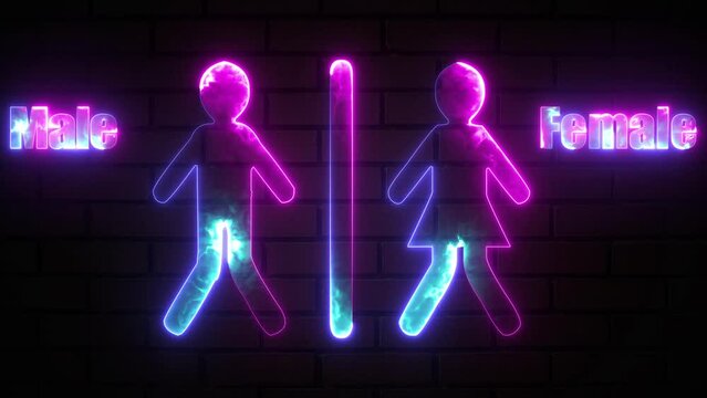 WC toilet neon sign with Male ad Female animated glowing icon. Man and women restroom signs in neon lights animation