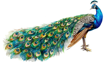 Obraz premium Peacock in watercolour Isolated on white background.