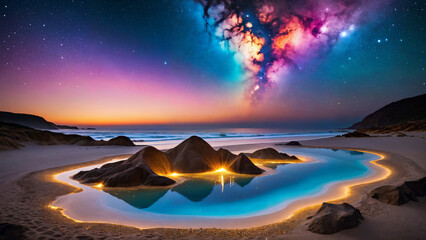 cosmic beach sunset reflection - obrazy, fototapety, plakaty