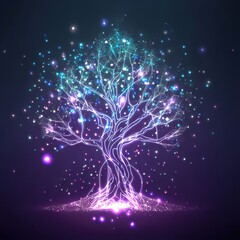 Linear tree with beautiful light particles with dark background.with Generative AI technology
