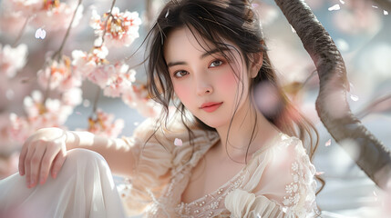 Full shot, the world's most beautiful Asian girl, a delicate and beautiful Korean beauty in her 20s wearing a white dress, gaze looking at the camera,sitting on a cherry blossom tree and looking down,