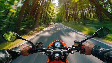 Rider speed down forest - lined road on sports motorbike