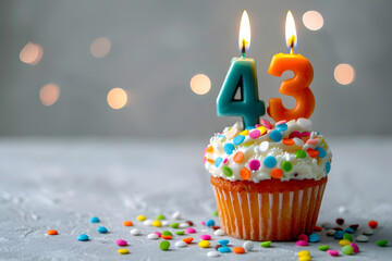 Birthday cupcake with number forty-three candle