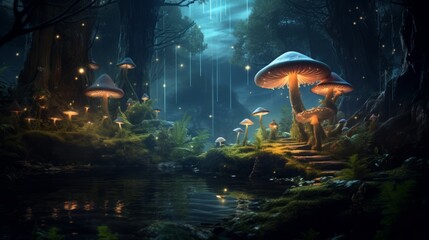 Fototapeta na wymiar Magical mushrooms in dark mystery forest