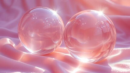 a close up of two clear glass balls on a pink satin material with a bright light shining behind the two.