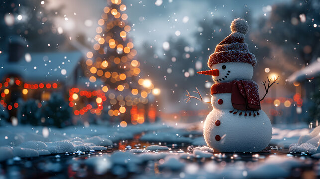 creative illustration of a snowman and a decorated fir tree, generative Ai
