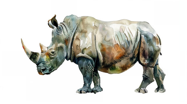 Rhino (Rhinoceros) in watercolour Isolated on white background.