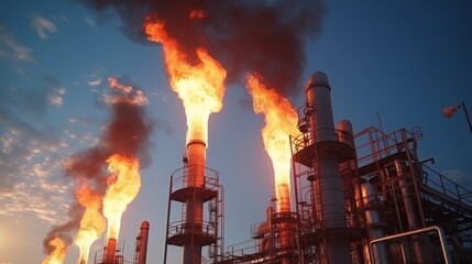  Flare stacks at oil refinery release combustion byproducts . - obrazy, fototapety, plakaty