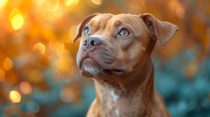 a close up of a dog's face with a blurry background and a blurry tree in the background. - obrazy, fototapety, plakaty