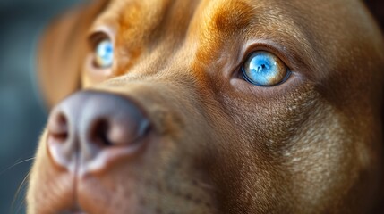 a close up of a brown dog's face with blue eyes and a nose ring in the foreground.