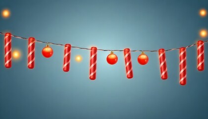 Christmas decorative light garland is wound on line red candy stick. String border holiday decor for web poster banner. Realistic 3d design of bright glowing lights glass lamps. Vector illustration - Powered by Adobe