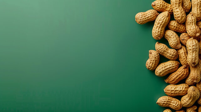 A cluster of unshelled peanuts against a deep green backdrop gives a minimalist yet impactful visual