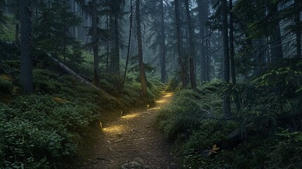A forest mountain path lit by the soft glow of solarpowered lights for an Earth Day night walk - obrazy, fototapety, plakaty