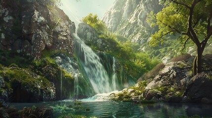 A secluded mountain waterfall, a hidden gem discovered on Earth Day - obrazy, fototapety, plakaty