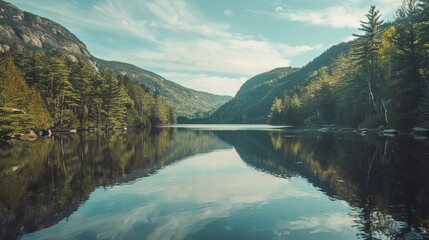 A serene lake in a mountainous forest reflecting the Earth Day sky - obrazy, fototapety, plakaty