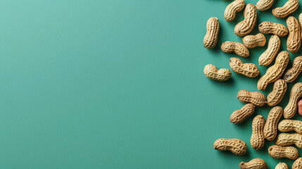 A creative and simple image of raw peanuts in their shells, scattered effortlessly against a solid teal backdrop - obrazy, fototapety, plakaty