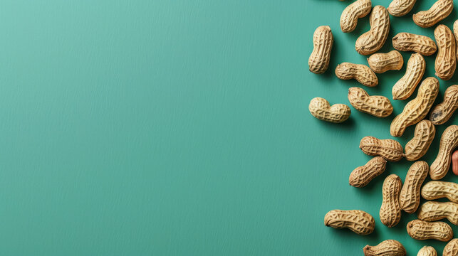 A creative and simple image of raw peanuts in their shells, scattered effortlessly against a solid teal backdrop