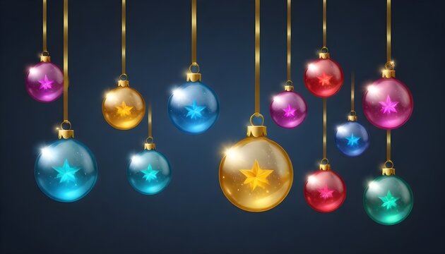 Christmas ornaments glass transparent balls. Set of Christmas ball inside bright light garlands, realistic 3d colorful star, hanging on gold ribbon. Festive decoration objects. vector illustration
