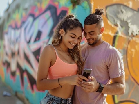 Stunning high resolution photos of a Latin American couple checking out a fitness tracker. Life style