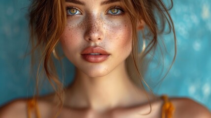 a close up of a woman with freckles on her face and freckles on her body with freckles on her face.